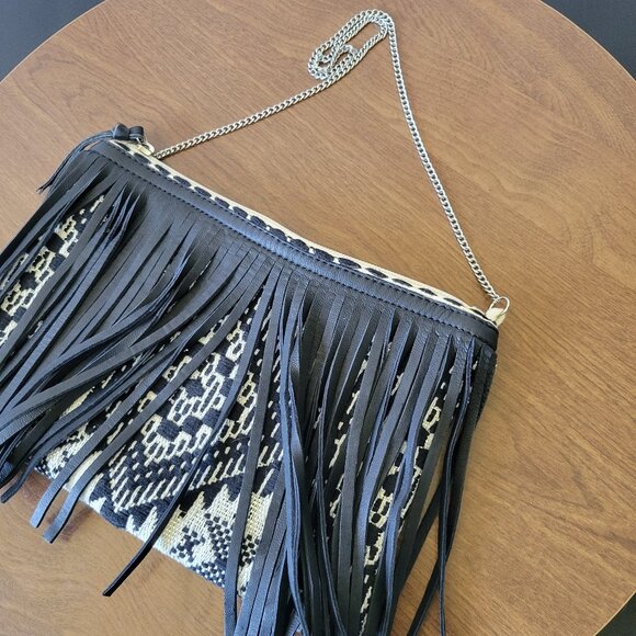 Chico’s Leather Fringe Shoulder Bag, Black/White Boho Purse Silver Chain. ECU - Picture 3 of 8